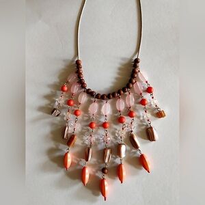 16-17.5in Gold Plated Necklace with Wooden, Peach, Pink, Natural, & Clea…